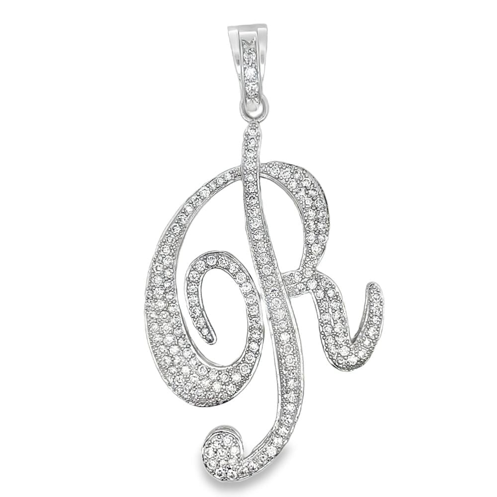 R Cursive Initial Letter CZ Iced Out Pendant