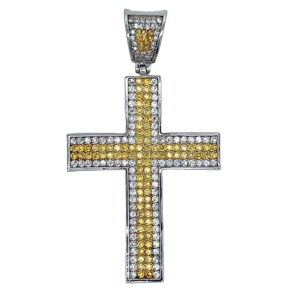 White & Yellow Stripe CZ Cross Iced Out Pendant