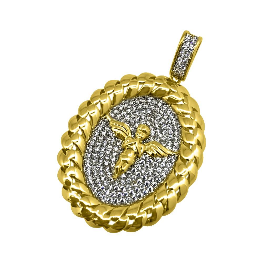 Cherub Angel Gold Cuban Oval CZ Pendant