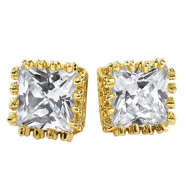 Gold Crown Princess Cut CZ Earrings
