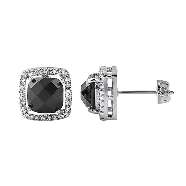 Black Rose Cut CZ Halo Rhodium Earrings