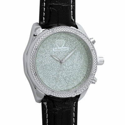 Weed Leaf Silver Black Leather Bling Bling Watch