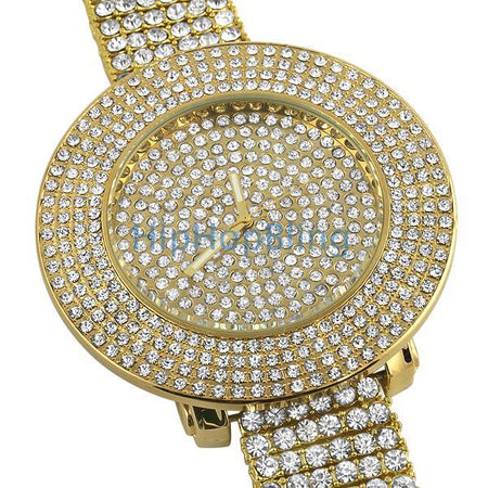 Gold LED Digital Round Face Bling Metal Watch