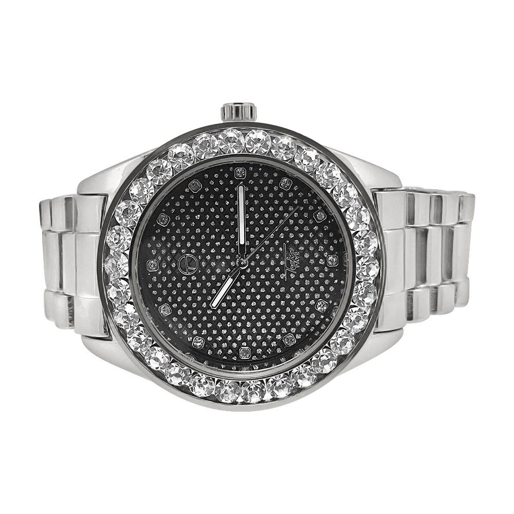 46MM Big Stones Bezel Black Dial Silver Hip Hop Watch