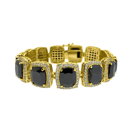 Dual Strand Black Leather Gold ID Bling Bracelet
