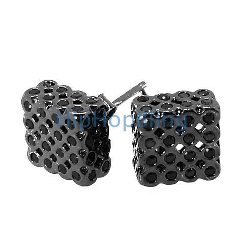 Black 3D LG CZ Bezel Box .925 Silver Hip Hop Earrings