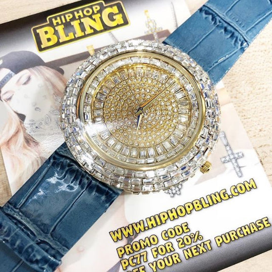 Baguette Ice Orbit Gold Bling Bling Watch Blue