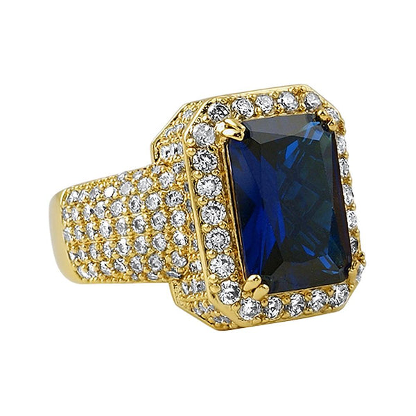 Fully iced Out Lab Sapphire Hip Hop Gold Ring