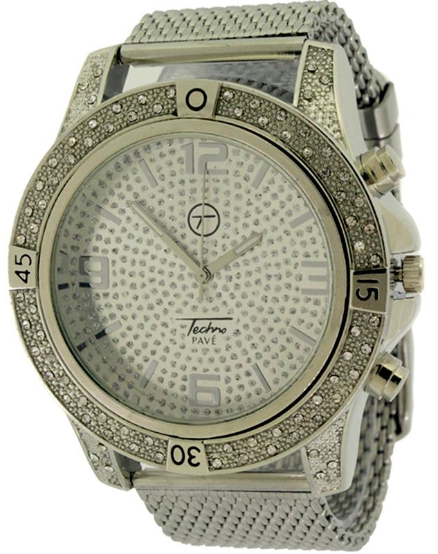 Bling Bling Silver Sports Mesh Watch Techno Pave