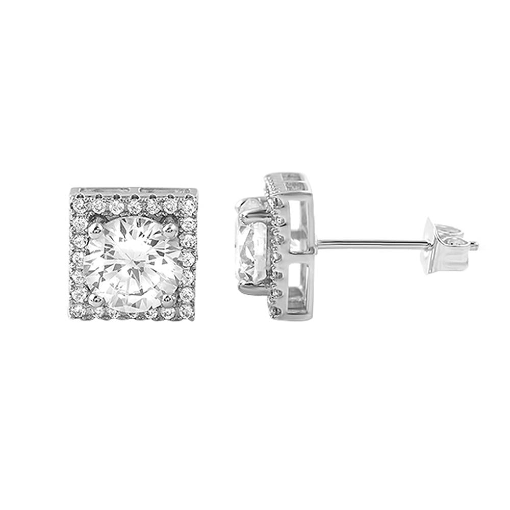 Square Halo Iced Out CZ Rhodium Earrings