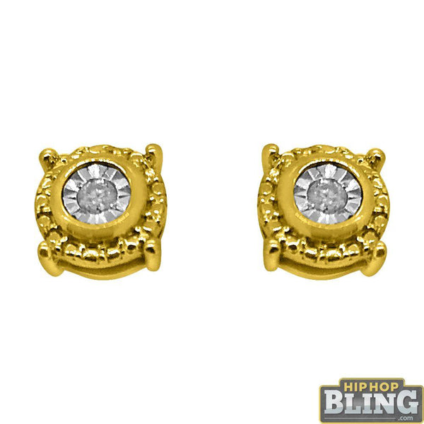 Round Fancy Diamond Hip Hop Earrings Gold .925