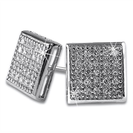 32 Stones Puffed Box Gold Vermeil CZ Micro Pave Earrings .925 Silver