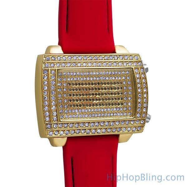 LED Digital Block Face Gold Watch Red Band