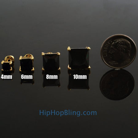 Black CZ Diamond Round Stud Earrings Gold