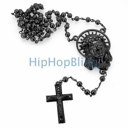 Gold Shiny Crystal Beaded Jesus Cross Rosary Necklace