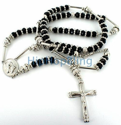 Black Raw Ice Silver Bling Bling Rosary Necklace