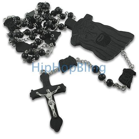 White Wood Jesus Piece Link Rosary Necklace