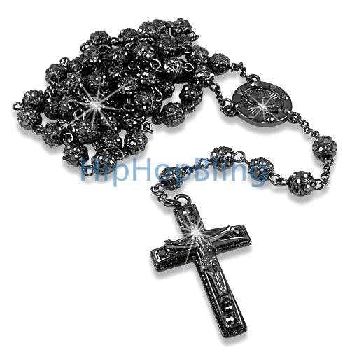 Bling Bling Fully Bling Bead Black Rosary Necklace