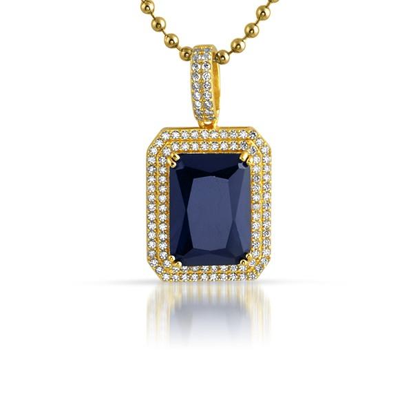 .925 Silver Double Iced Out Blue Gem Pendant