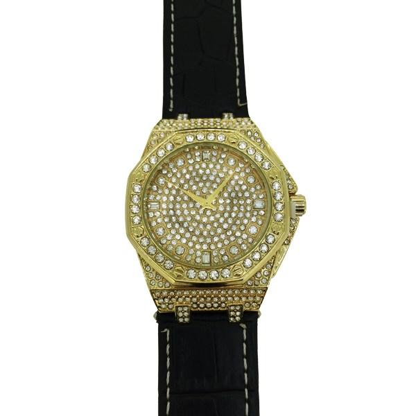 Bling Bling Octagon Hip Hop Watch Black Leather