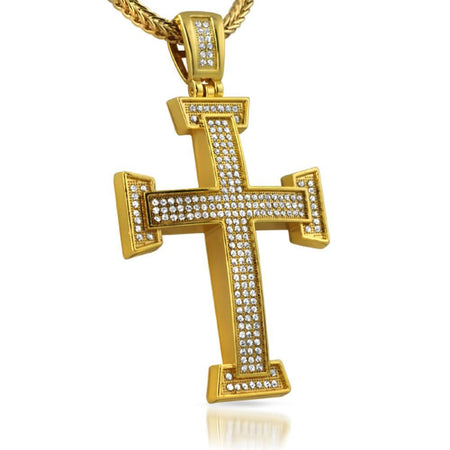 Quad Bling Gold Cross Pendant & Chain Small