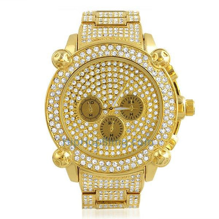 Custom Gold Totally Iced Out Watch & 6 Row Band