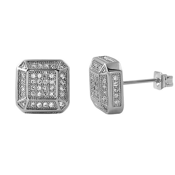 3D Smooth Box Rhodium CZ Micro Pave Bling Earrings