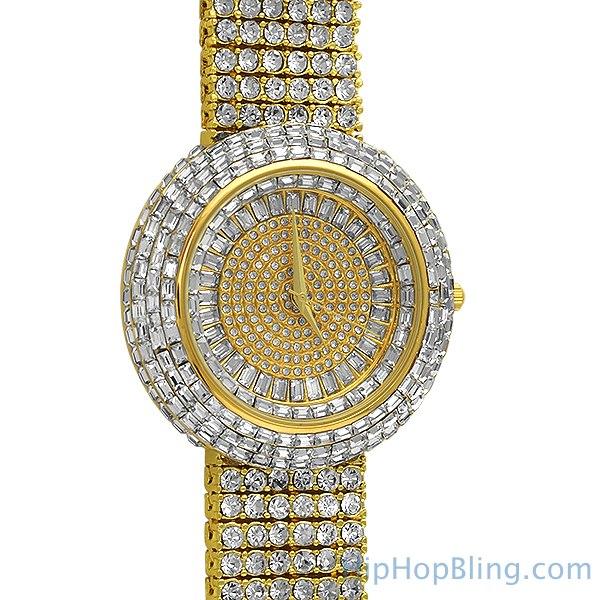 Custom Gold Iced Out Baguette Orbit 6 Row Watch