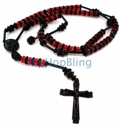 Raw Stone Red & Black Bling Bling Hip Hop Rosary Necklace