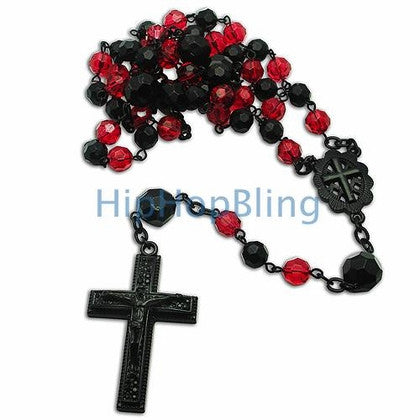 Red & Black Crystal Beaded Rosary Necklace