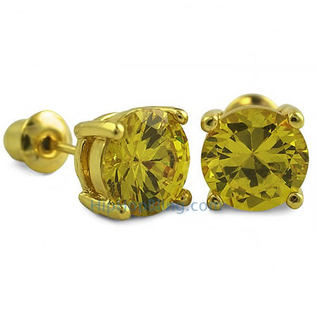 Yellow CZ Diamond Round Stud Earrings Black