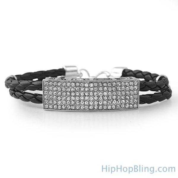 Dual Strand Woven Leather ID Bling Bracelet