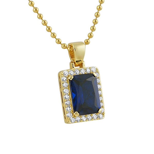 Lab Sapphire Block Gold Iced Out Pendant