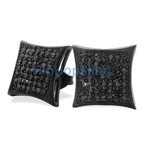 All Black Large Puffed Kite CZ Micro Pave Earrings .925 Silver