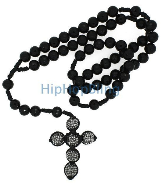 Bling Hem Black Disco Ball Cross Rosary Necklace