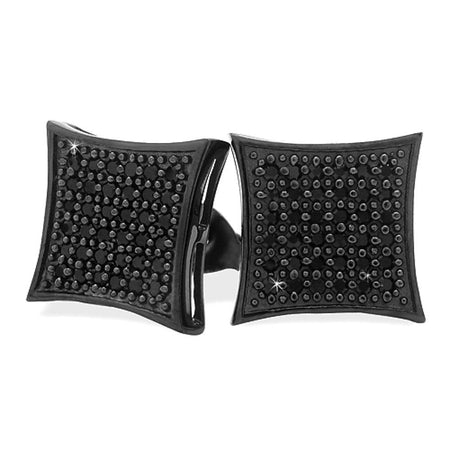 32 Stones Puffed Box Black CZ Micro Pave Earrings .925 Silver