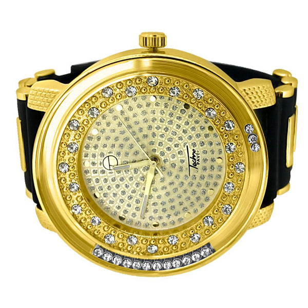 Gold Floating Big Bling Black Rubber Watch