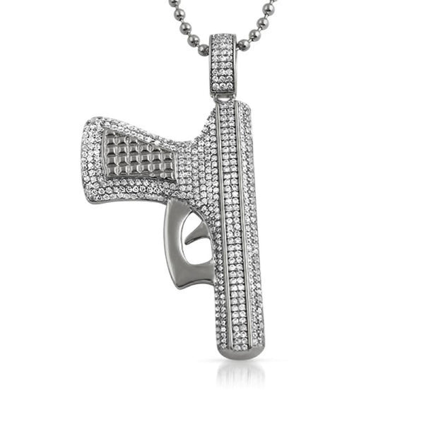 CZ Handgun Hip Hop Jewelry Pendant Rhodium