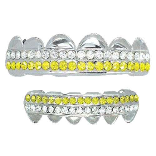 Yellow White 2 Row Iced Out Grillz Top Bottom Set