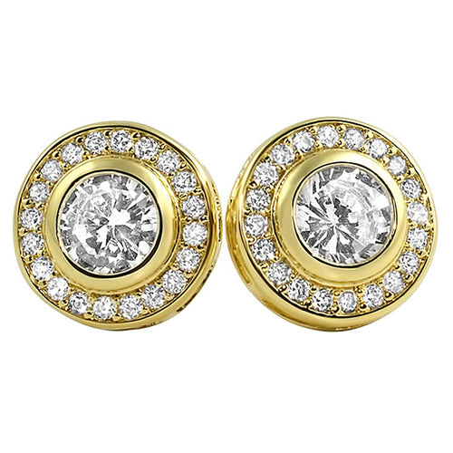 Gold CZ Solitaire Circle Bling Earrings