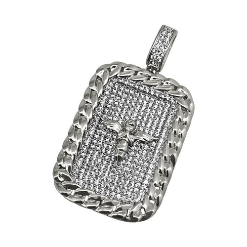 .925 Silver Cherub Angel Rhodium Cuban CZ Rectangle Pendant