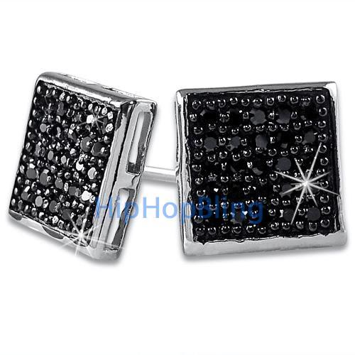 Medium Box Black CZ Micro Pave Bling Earrings .925 Silver