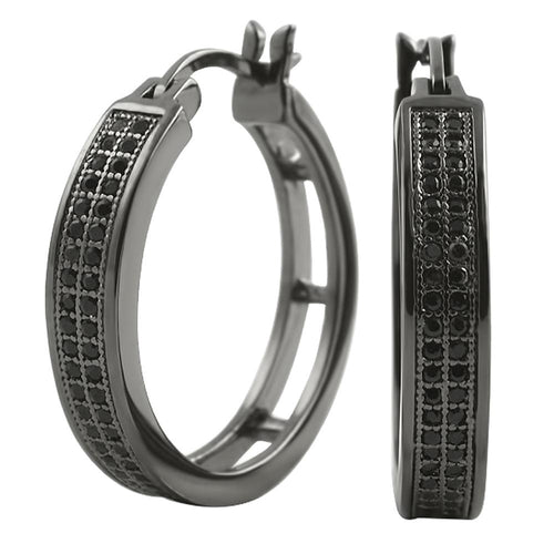 Ladies Hoops 25mm Black Double Row CZ Earrings