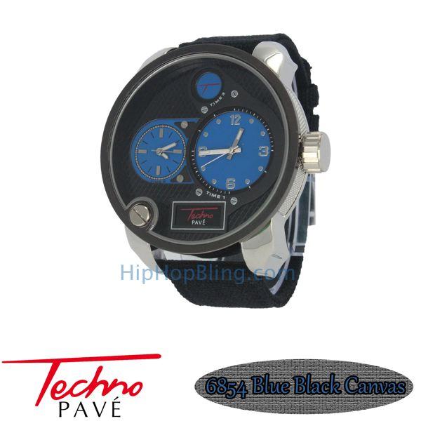 Blue Dial Dual Timezone Silver Watch Black Canvas Band