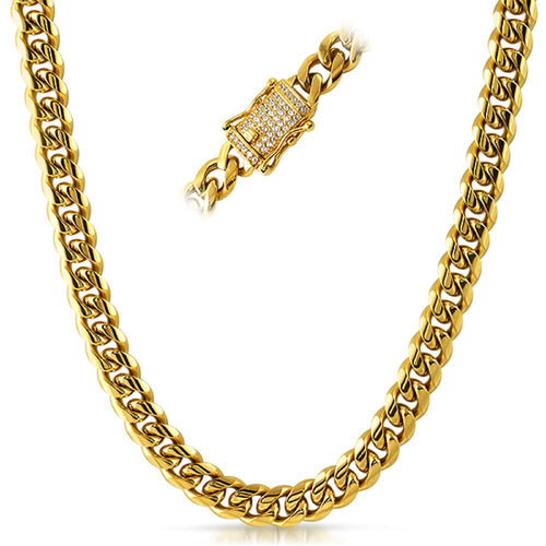 CZ Diamond Lock Cuban Chain 10MM Gold Steel