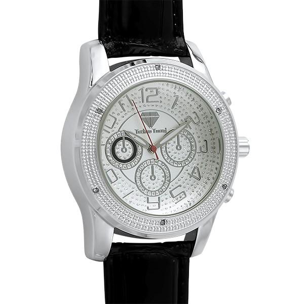 Sport Genuine Diamond Silver Black Leather Watch