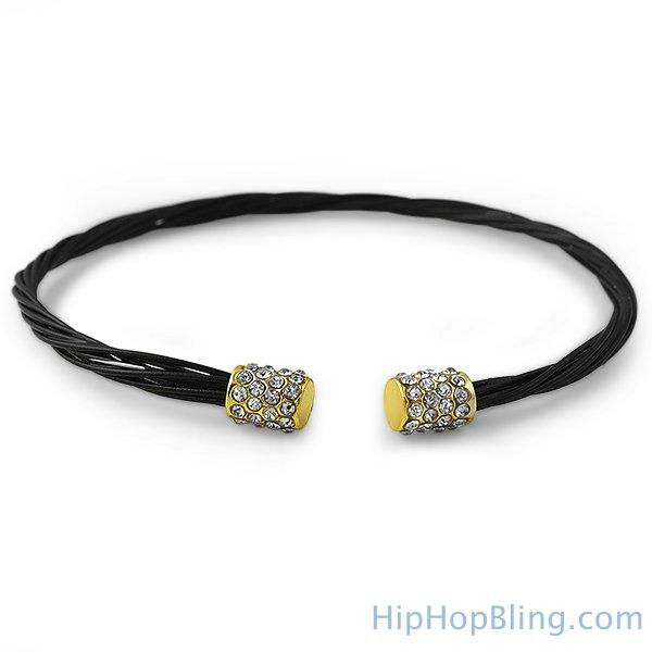 Gold Iced Out Black Gitar String Style Bracelet