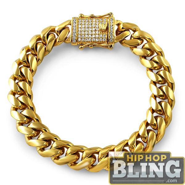 CZ Diamond Lock Gold Steel Cuban Bracelet 12MM