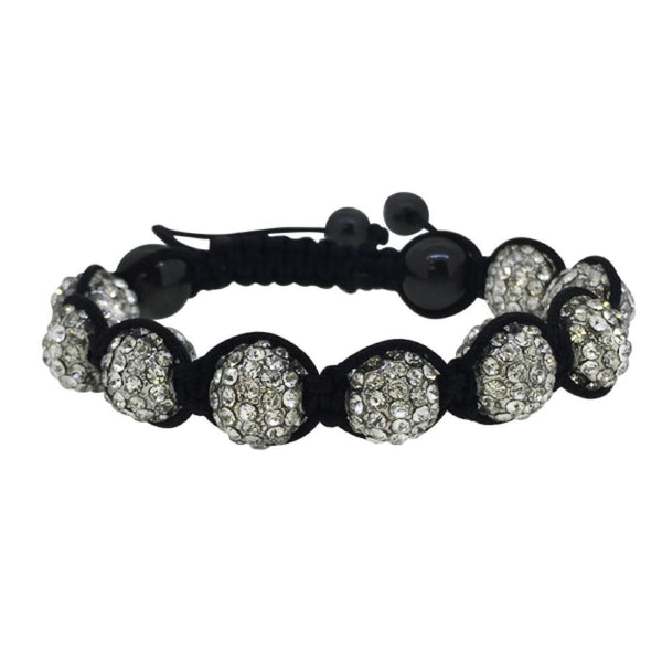 Rhodium Disco Ball Black Rope Bacelet