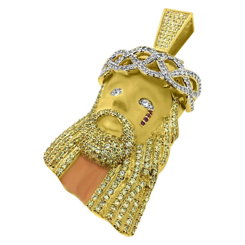 Painted Face Jesus Piece Large CZ Bling Bling Pendant